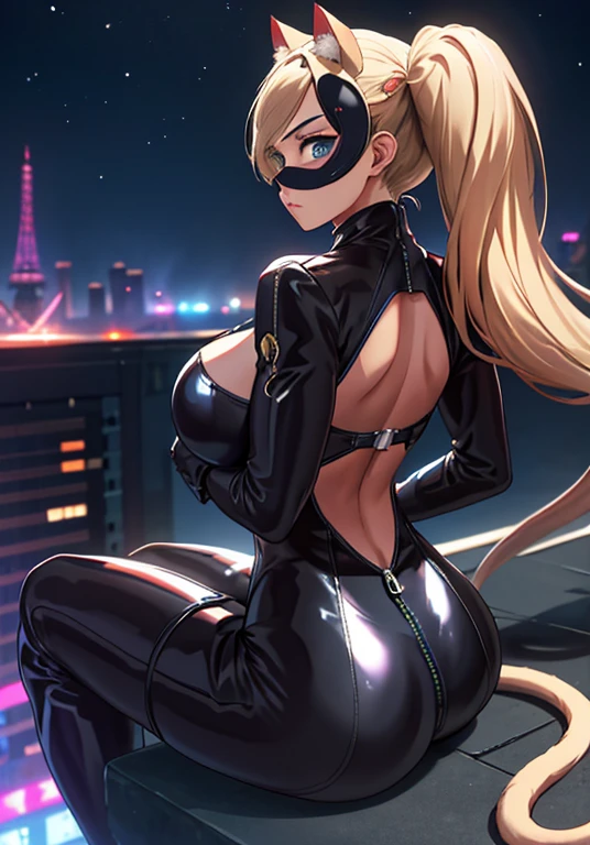 dspanther, blonde hair, long hair, twintails, swept bangs, blue eyes, black bodysuit, black skintight latex swimsuit with unzipped zippers, thigh boots, gloves, zipper, cleavage, clothing cutout, cat ears, cat tail, 1girl, solo,back to the viewer, viewed from behind,view focus on her ass, siting, siting in a wall, takamaki anne, masked, domino mask natural breasts, huge breasts, huge ass, huge thighs, narrow waist, wide hips, thick thighs, curvy, BREAK futuristic city, neon lights, night, rooftop, depth of field, cinematic, masterpiece, best quality, game cg