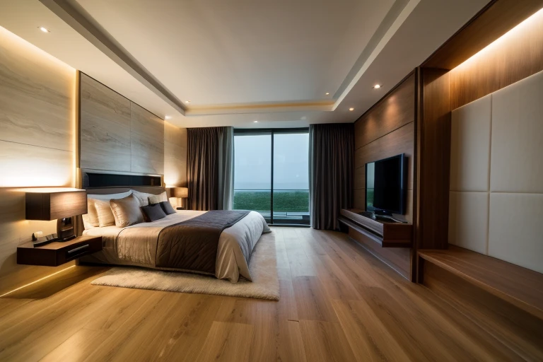 luxury master bedroom, timber floor, marble wall, night time, warm lighting RAW Photo, RAW texture, Super Realistic, 32K UHD, DSLR, soft lighting, high quality, film rating, Fujifilm XT3, the corridor behind television wall