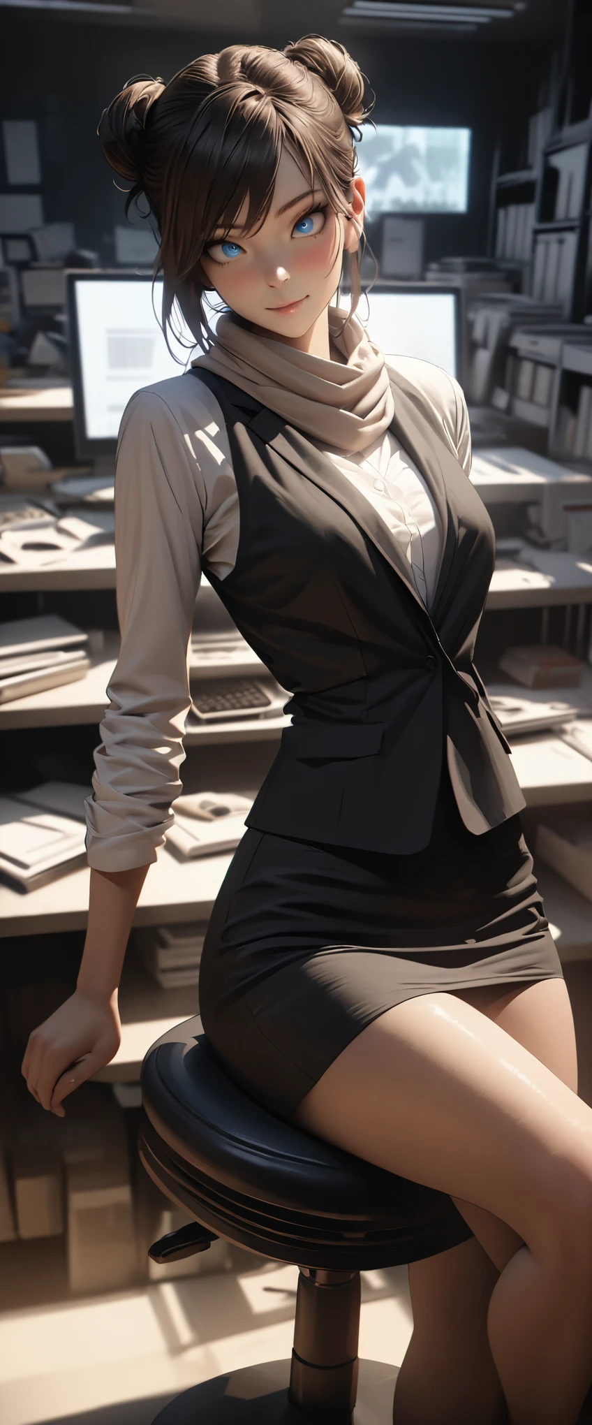 (raw, best quality, masterpiece:1.5), (Photorealistic, intricate details:1.2), ultra high definition, Ridiculous,
1 girl, pretty face, blue eyes, green eyes, Detailed eyes, symmetrical eyes, There is light on the face, nose blushing, short hair, bun, black headband, 
clock, Vest, suit, pencil miniskirt, White shirt, silk scarf, black pantyhose, [:20 days, :0.8],
Smile, Small dimples, Sexual innuendo, 
medium breasts, slim waist, thin legs, long legs,
sitting in chair in front of desk, Perfect body, good proportions,
looking at the audience, 
(office, indoor, hyper Detailed background:1.2), Japan, copier, File cabinets, , monitor,
shiny skin, Realistic skin texture, 
natural lighting, best lighting, Detailed background, Detailed shadows, sharp focus, Depth of field f/2,
Saturated, high contrast, strong light and shadow