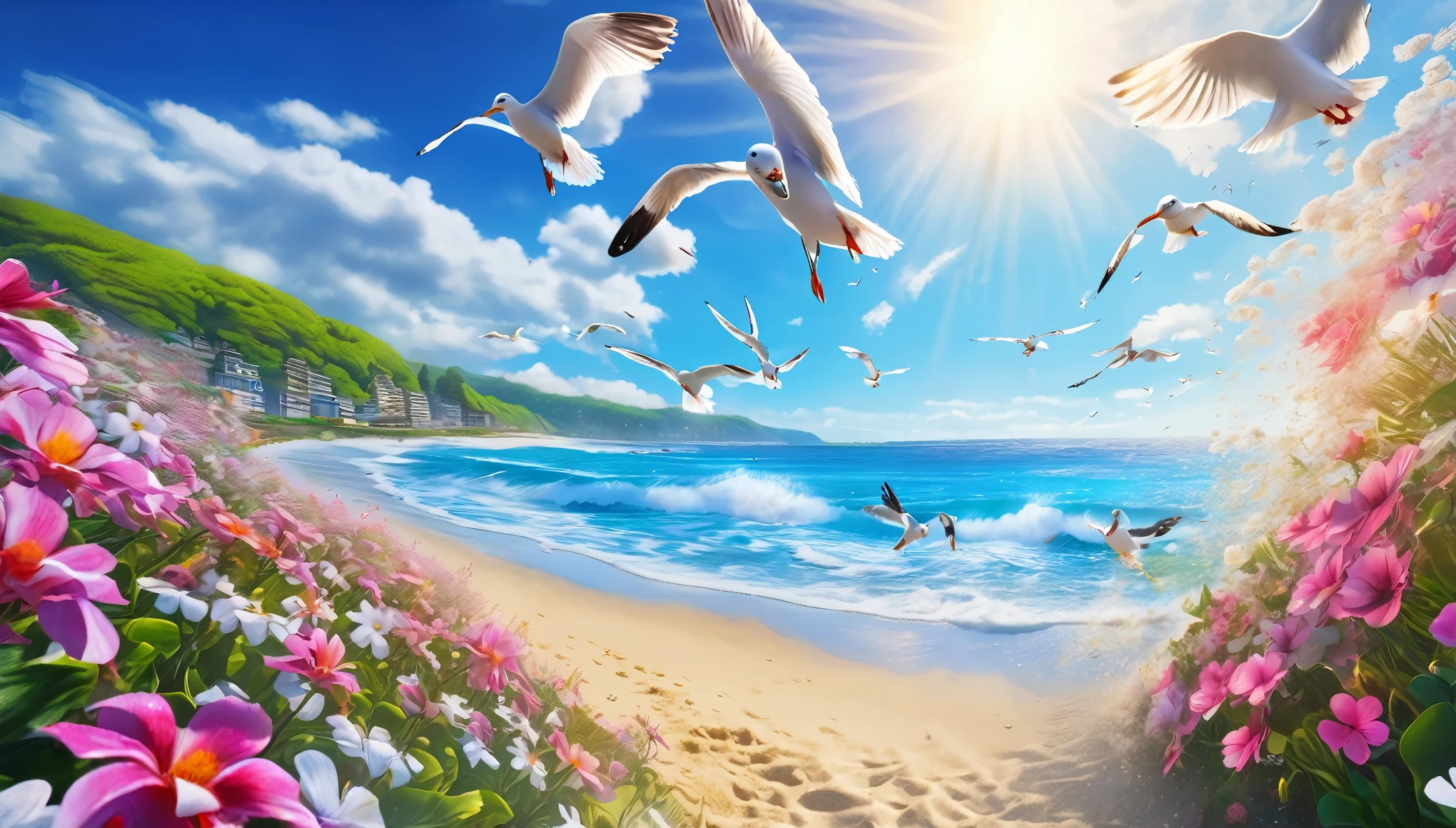 The background of the picture is peaceful by the sea, and the sun was shining brightly, The waves crash against the beach, Seagulls are flying in the sky, Flowers bloom on the beach, Melodious sound, Strange clouds stand out, first-person view, panorama, UHD,(Best Quality),(Masterpiece Photos), (Details:1.4),(8k Highly Detailed)(Best Quality),(Best Shading)
