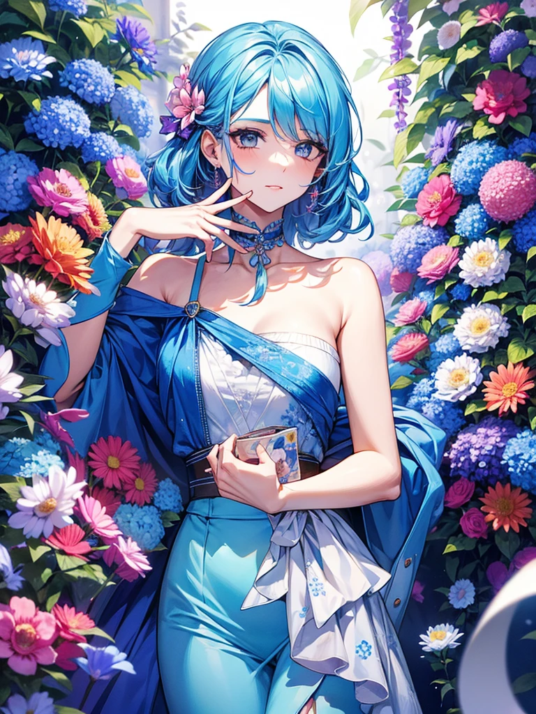 A woman,Mature,cute,pretty,Money,blue,Colorful,flower,candy,