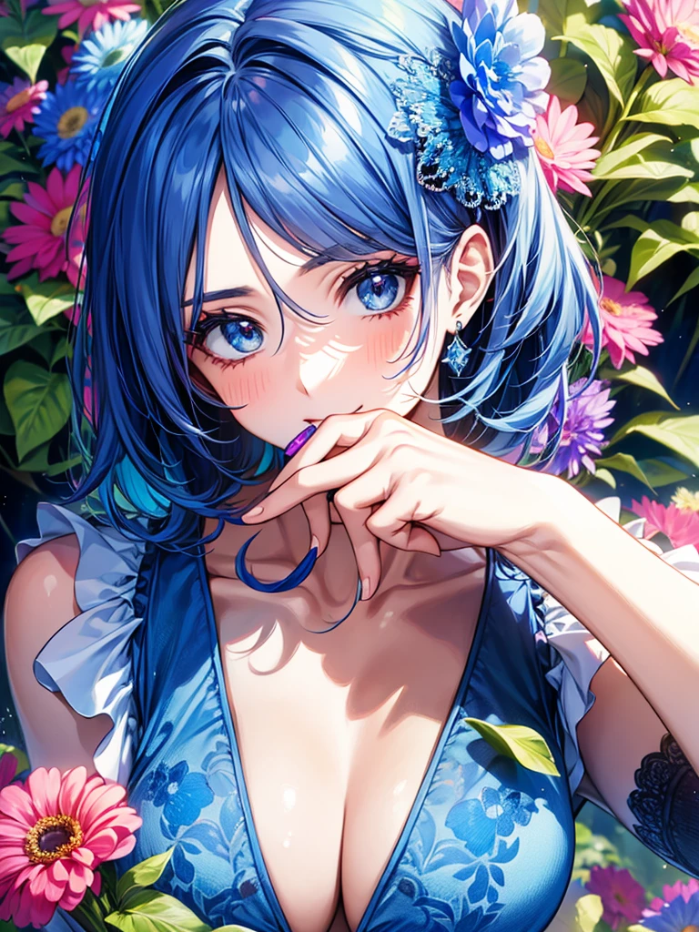 A woman，Mature，cute，pretty，Money，blue，Colorful，flower，candy，