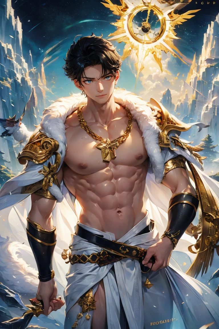 A muscular Korean man in a wonderland, 20 years, Wear a rich white color with snow. (Layer of fur on shoulders and back) With a very long battery life, Underneath which his very muscular body could be seen., Focus on the male body. Above his head, there was a halo surrounded by white clouds and golden divine light., (Its body was decorated with gold chains filled with precious gems., Finger Ring), (Heavy belt with gold bra with sparkling gems.). Seductive crotch. He has short, shaved black hair and large, expressive green eyes.. The clock ticks in the distance.. This scene looked like something out of the realm of fantasy or legend seen from above.