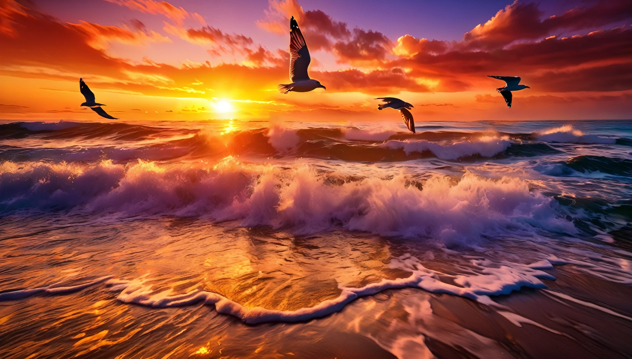 arafed view of a sunset over the ocean with waves crashing, three seagulls is flying toward the sun, chaotic sea setting, vibrant sunrise, breathtaking colors, breathtaking look, vibrant sunset, breathtaking composition, beautiful sea landscapes, stunning sunset, magnificent background, sunset glow, beautiful background, beautiful dreamy breathtaking, marc adamus, warm beautiful scene, epic sunset, beautiful sunset, beautiful sunset glow, beautiful ocean