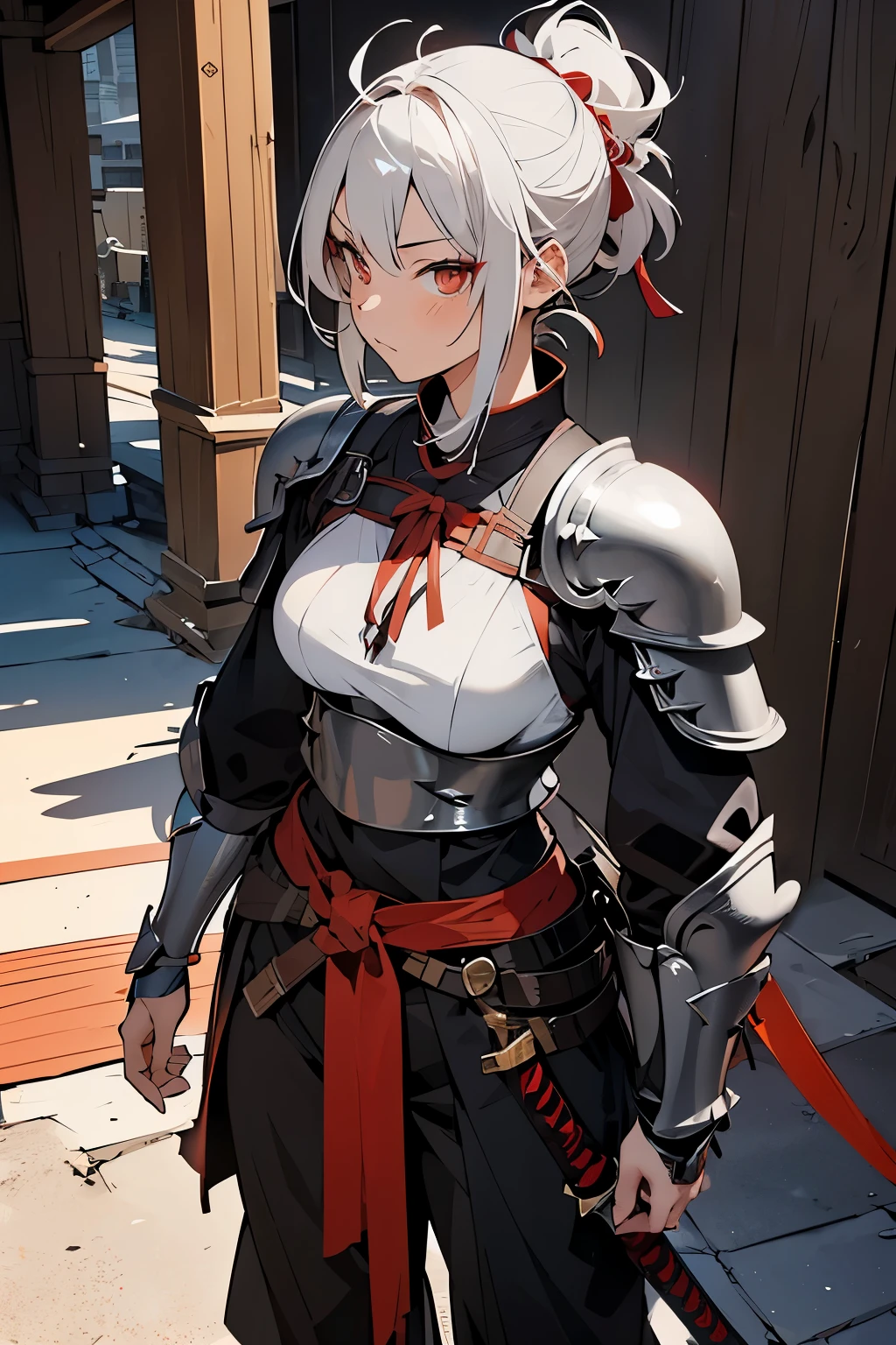 RPG Character: Adult female japanese fighter wearing full plate armor. Short, white hair tied with a red ribbon. Orange-red eyes. Katana on her right hip. standing inside a grand medieval fantasy city that she just arrived at.