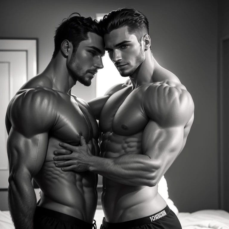 photo of two handsome men with athletic bodies having sex, one of the men is pumping the other man's body from behind with passion and sexual desire
