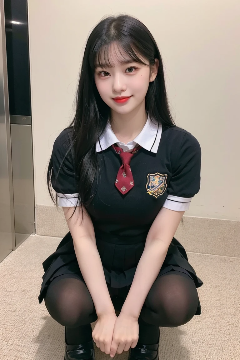 (8K), (highest quality: 1.2), (realistic), (realistic: 1.37), ultra high resolution, (1 girl, cute, smile, closed mouth, thick lips,red lip,beautiful details, beautiful nose, (straight black hair), giant dulcefo, self snap,(school uniform),white shirt,tie,pleated skirt,(black knee high socks),Squatting in the city at night, From above,close up of face,