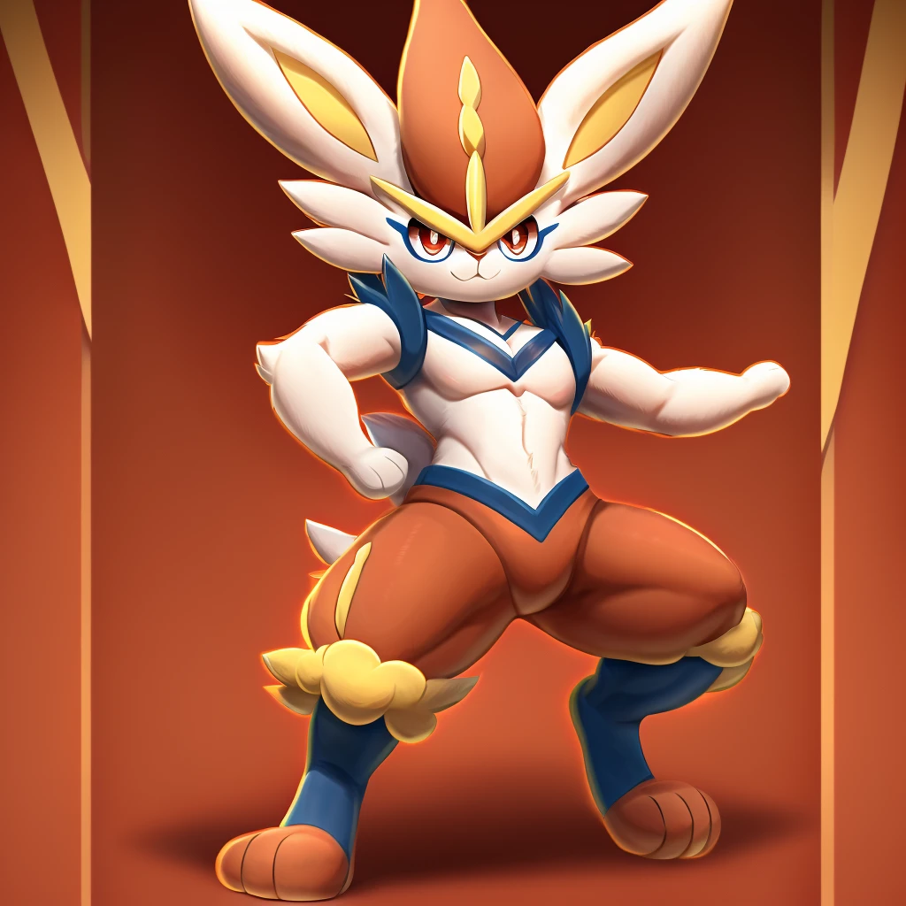 Cinderace,pokemon xd wallpapers by the - art - of - pokemon, an anthro rabbit, sfw version, kemono, official art, most strongest pose, doing a hot majestic pose, anthro art, white rabbit anime, young male anthro, furry anime, furry chest