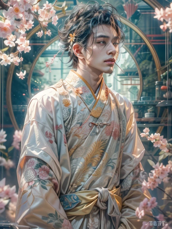 (blind box toy style:1.2),(full body photo),1 handsome young man,Japanese people'The face is precise and perfect..,The body has a golden ratio..,body limb mechanicade from shiny silver translucent glass and titanium.., Delicate lace dress, fun expression, bright colors, peach blossom background,peach blossom petals falling, bright sunlight,A delicate flower crown on the head:1.2,blue eyes:1.2,(Behind him is a transparent Chinese dragon..),future technology,oriental elements,Dream Light,(world class lighting,Ray traching,HDR,unrealistic rendering,Rational design,Highly detailed,Masterpiece,best quality,Hyper HD,movie light),full body image,Full screen image