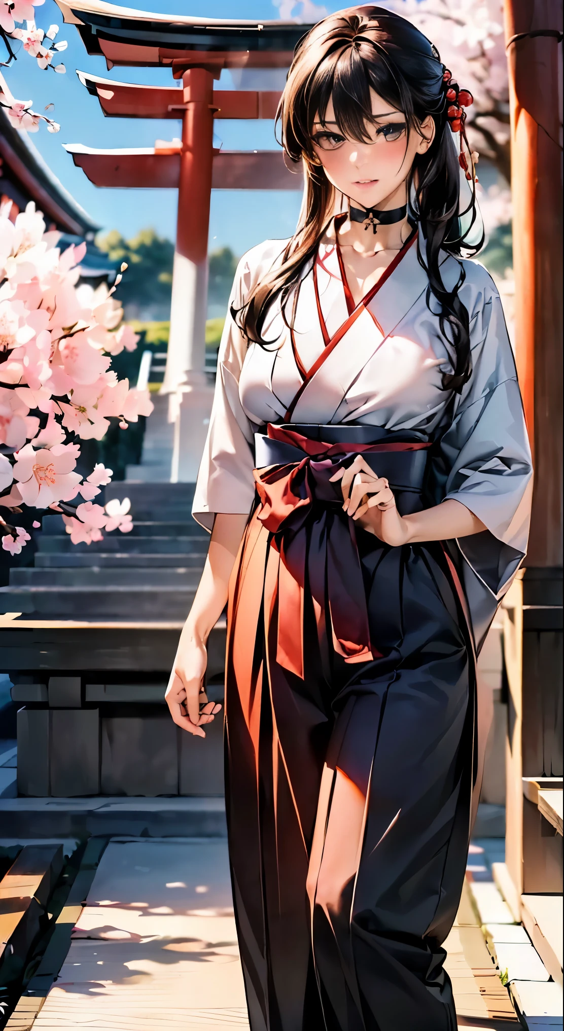 (masterpiece:1.2, highest quality, 8k, advanced details), (realistic, photorealistic:1.4), beautiful illustrations,
looking at the viewer, whole body, Front view:0.6,
((1 mature woman, 32 years old)), Japanese, ((long black hair:1.5, straight hair)), blown hair, bangs, hair between eyes , big breasts beautiful hair, beautiful hairstyle:1.4, beautiful face, beautiful and detailed eyes, (shining eyes:1.3), beautiful clavicle, beautiful body, beautiful breasts, beautiful thighs, beautiful feet, beautiful fingers, perfect anatomy:1.3, perfect anatomy,
((Dainty gesture:1.3)),
(Look at the viewer while blushing:1.3)
((hakama pants, choker:1.3)), ((shrine:1.6, within the territory, torii, Cherry blossom trees:1.3, Cherry tree in full bloom))