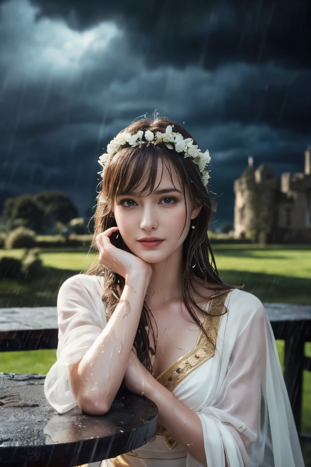 
((table top:1.4, highest quality)), (realistic pictures:1.4), 
((1 girl)), (An unearthly beauty), (dream-like),
(超High resolution:1.2), very delicate and beautiful, wonderful, Highly detailed CG Unity 8K wallpaper, Super detailed, High resolution, 
soft light, beautiful detailed girl, highly detailed eyes and face, beautifully detailed nose, beautiful and detailed eyes, 
(Dressed in ancient Greek maiden costume:1.3), (wet), 
cinematic lighting, perfect anatomy, slender body, (parted bangs),
(In the gardens of a Scottish castle:1.3), (low hanging dark clouds, Heavy rain pounding, dark background:1.3), (outdoor), 
cowboy shot, looking at the viewer, archaic smile