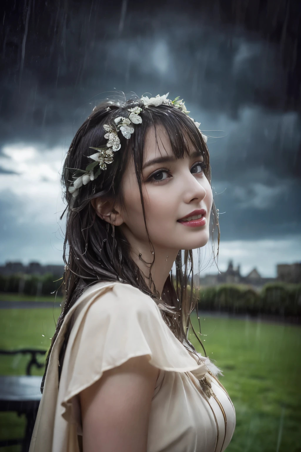 
((table top:1.4, highest quality)), (realistic pictures:1.4), 
((1 girl)), (An unearthly beauty), (dream-like),
(超High resolution:1.2), very delicate and beautiful, wonderful, Highly detailed CG Unity 8K wallpaper, Super detailed, High resolution, 
soft light, beautiful detailed girl, highly detailed eyes and face, beautifully detailed nose, beautiful and detailed eyes, 
(Dressed in ancient Greek maiden costume:1.3), (wet), 
cinematic lighting, perfect anatomy, slender body, (parted bangs),
(In the gardens of a Scottish castle:1.3), (low hanging dark clouds, Heavy rain pounding, dark background:1.3), (outdoor), 
cowboy shot, looking at the viewer, archaic smile
