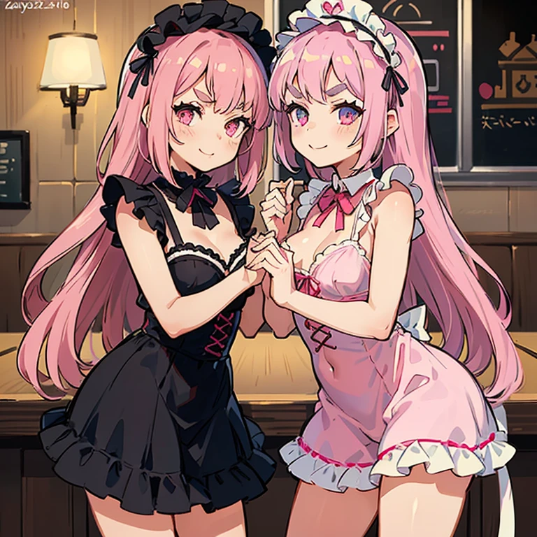 Girls with pink hair, long double-tailed hairstyle, ((small pink bushy eyebrows)), wearing lolita clothing, marked vagina, lolicon (Zankuro) drawing style by zankuro artist, Zancro style, image uploaded to R34, flirty smile , ((showing the pubis)) in a restaurant, in front of the camera, looking with a very flirtatious face, with her breasts out, inviting us to have sex with her