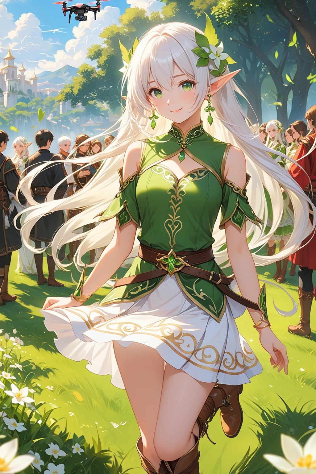 Xin Haicheng style, background blur, depth of field, game scene, masterpiece, HD, best quality, 16K,1 girl, alone, long hair, looking at the audience, Smile, Bangs, raise your legs, skirt, double tail, jewelry, green eyes, eternal, whole body, flower, white hair, earrings, boots, outdoor, Sky空, Sky, pointed ears, belt, black raise your legs, white skirt, Capulet, brown footwear, Put your arms behind your back, Grass, Elf, white Capulet, Raphael, drone, nahida