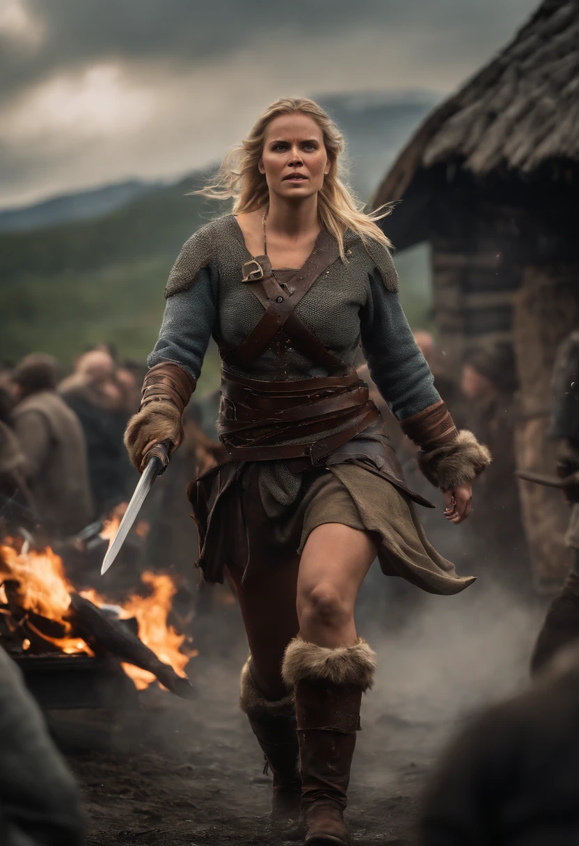 "(best quality,4k,highres,masterpiece:1.2),ultra-detailed,realistic:1.37,illustration,Orca assault,scandinavian,viking woman:1.1,Ingrid Mueller,35 years old,chubby,natural body,light blonde hair braids,medieval viking clothing,raiding village,brutal battle,burning houses,smoke-filled sky,ferocious expressions,shield and sword,grim determination,muddy battlefield,splattering blood,distressed villagers,chaos and panic,scattered belongings,vivid colors,dark and moody lighting"