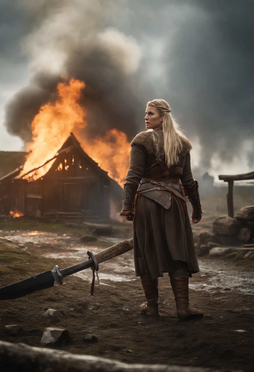 "(best quality,4k,highres,masterpiece:1.2),ultra-detailed,realistic:1.37,illustration,Orca assault,scandinavian,viking woman:1.1,Ingrid Mueller,35 years old,chubby,natural body,light blonde hair braids,medieval viking clothing,raiding village,brutal battle,burning houses,smoke-filled sky,ferocious expressions,shield and sword,grim determination,muddy battlefield,splattering blood,distressed villagers,chaos and panic,scattered belongings,vivid colors,dark and moody lighting"