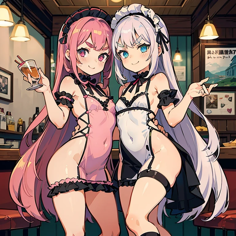 Girls with pink hair, long double-tailed hairstyle, ((small pink bushy eyebrows)), wearing lolita clothing, marked vagina, lolicon (Zankuro) drawing style by zankuro artist, Zancro style, image uploaded to R34, flirty smile , ((showing the pubis)) in a restaurant,