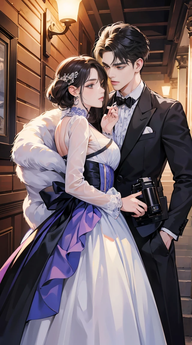 Masterpiece, Best Quality, 8k, Very Detailed, vector, top quality, handsome 23 years old young male idol and beautiful 20 years old young woman with a camera, fashionable, romance, couple, lovers