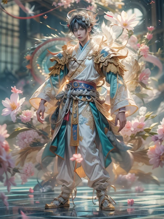 (blind box toy style:1.2),(full body photo),1 handsome young man,Japanese people'The face is precise and perfect..,The body has a golden ratio..,body limb mechanicade from shiny silver translucent glass and titanium.., Delicate lace dress, fun expression, bright colors, peach blossom background,peach blossom petals falling, bright sunlight,A delicate flower crown on the head:1.2,blue eyes:1.2,(Behind him is a transparent Chinese dragon..),future technology,oriental elements,Dream Light,(world class lighting,Ray traching,HDR,unrealistic rendering,Rational design,Highly detailed,Masterpiece,best quality,Hyper HD,movie light),full body image,Full screen image