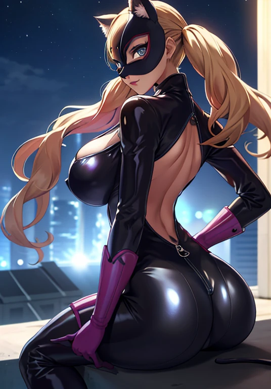 dspanther, blonde hair, long hair, twintails, swept bangs, blue eyes, black bodysuit, black skintight latex swimsuit with unzipped zippers, thigh boots, gloves, zipper, cleavage, clothing cutout, cat ears, cat tail, 1girl, solo,back to the viewer, viewed from behind,view focus on her ass, siting, siting in a wall, takamaki anne, masked, domino mask natural breasts, breast big enough to be seen from behind, huge breasts, huge ass, huge thighs, narrow waist, wide hips, thick thighs, curvy, BREAK futuristic city, neon lights, night, rooftop, depth of field, cinematic, masterpiece, best quality, game cg