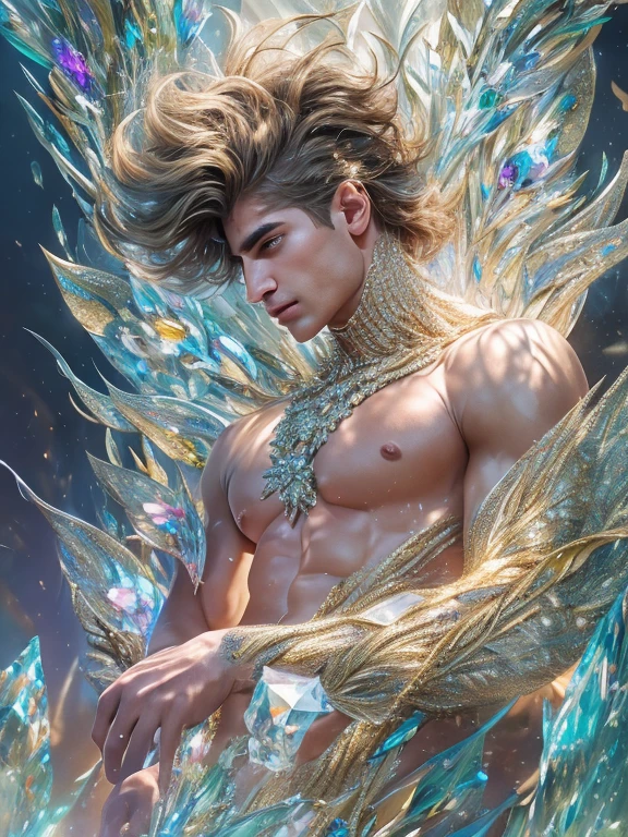 (realistic, Masterpiece, best quality, height, Highly detailed), Handsome young man poses nude surrounded by crystal, The identity of the crystal as a human, 18 year old male, bright colors, realistic light, SPARKLING REFLECTION, Bright and radiant skin, Chisel body, intense stare, striking features, Well-defined jaws, messy hair, Confident and relaxed posture, artistic elements, Elegant and elegant gestures, Fascinating and mesmerizing expression, The man's body is covered with delicate and complex crystals., Create a mesmerizing and ethereal effect., Impeccable attention to detail, Flawless surface rendering, The perfect combination of realism and fantasy, Incredible depth and dimensions, The difference that attracts attention between the smoothness of men's skin and the texture of the crystals, The combination of the human shape with the crystal that surrounds it seamlessly, Causes a sense of elegance, beauty, and mystery, A powerful symbol of purity and strength, embodied by the elements of the crystal., Expertly applied shadows and highlights to enhance the three-dimensional quality of the image., Expertly using colors to create a dream-like atmosphere, Delicate and delicate light and shadow, Create beautiful, spectacular and emotional scenes, Exquisite workmanship and skillful execution, capturing the essence of both the human form and the ethereal beauty of crystals, Create an impressive and memorable viewing experience.front view,full body image,((((Convex crotch))))