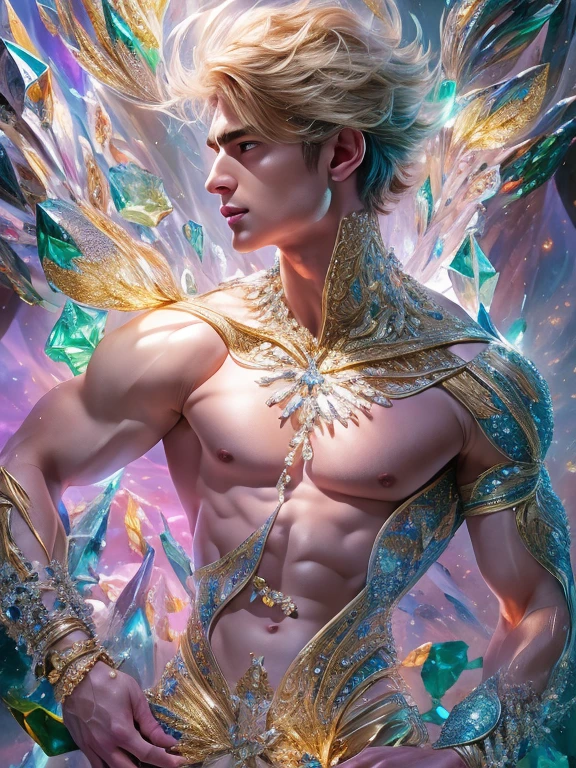 (realistic, Masterpiece, best quality, height, Highly detailed), Handsome young man poses nude surrounded by crystal, The identity of the crystal as a human, 18 year old male, bright colors, realistic light, SPARKLING REFLECTION, Bright and radiant skin, Chisel body, intense stare, striking features, Well-defined jaws, messy hair, Confident and relaxed posture, artistic elements, Elegant and elegant gestures, Fascinating and mesmerizing expression, The man's body is covered with delicate and complex crystals., Create a mesmerizing and ethereal effect., Impeccable attention to detail, Flawless surface rendering, The perfect combination of realism and fantasy, Incredible depth and dimensions, The difference that attracts attention between the smoothness of men's skin and the texture of the crystals, The combination of the human shape with the crystal that surrounds it seamlessly, Causes a sense of elegance, beauty, and mystery, A powerful symbol of purity and strength, embodied by the elements of the crystal., Expertly applied shadows and highlights to enhance the three-dimensional quality of the image., Expertly using colors to create a dream-like atmosphere, Delicate and delicate light and shadow, Create beautiful, spectacular and emotional scenes, Exquisite workmanship and skillful execution, capturing the essence of both the human form and the ethereal beauty of crystals, Create an impressive and memorable viewing experience.front view,full body image,((((Convex crotch))))