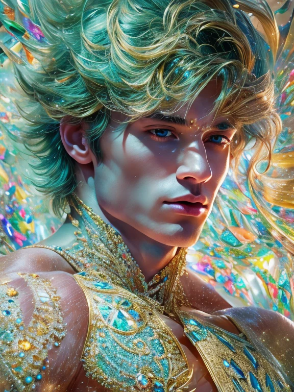 (realistic, Masterpiece, best quality, height, Highly detailed), Handsome young man poses nude surrounded by crystal, The identity of the crystal as a human, 18 year old male, bright colors, realistic light, SPARKLING REFLECTION, Bright and radiant skin, Chisel body, intense stare, striking features, Well-defined jaws, messy hair, Confident and relaxed posture, artistic elements, Elegant and elegant gestures, Fascinating and mesmerizing expression, The man's body is covered with delicate and complex crystals., Create a mesmerizing and ethereal effect., Impeccable attention to detail, Flawless surface rendering, The perfect combination of realism and fantasy, Incredible depth and dimensions, The difference that attracts attention between the smoothness of men's skin and the texture of the crystals, The combination of the human shape with the crystal that surrounds it seamlessly, Causes a sense of elegance, beauty, and mystery, A powerful symbol of purity and strength, embodied by the elements of the crystal., Expertly applied shadows and highlights to enhance the three-dimensional quality of the image., Expertly using colors to create a dream-like atmosphere, Delicate and delicate light and shadow, Create beautiful, spectacular and emotional scenes, Exquisite workmanship and skillful execution, capturing the essence of both the human form and the ethereal beauty of crystals, Create an impressive and memorable viewing experience.front view,full body image,((((Convex crotch)))),big cock,,big penis,The sharpest,The most realistic,Expose the genitals