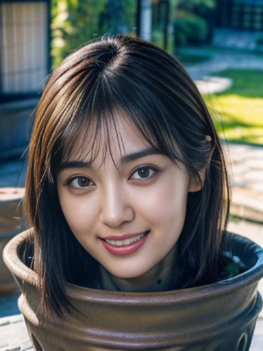  (best quality, masterpiece:1.2), (photo-realistic:1.4), ultra detailed, absurd-res, 8k, RAW photo, high resolution, ultra-high resolution, intricate, hyper-detailed, highly detailed, (highly detailed face), (highly detailed skin), (Japanese young adult woman's head in a pot:1.8), (pot on a table, in the garden, neck, neck up, face in front, front view, eye contact, looking at viewer:1.5), depth of field, ((smile)), (fine-textured skin:1.5), dark hair, outdoor, garden, daytime, sunny, cinematic lighting, soft lighting, 