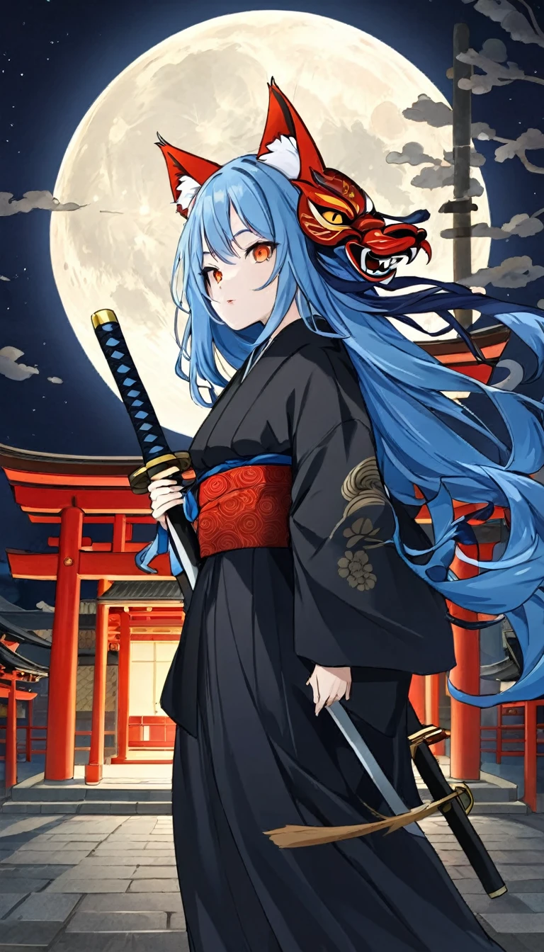 A woman with long blue hair and orange cat eyes is standing against the backdrop of a full moon and a solemn shrine on a dark night, wearing a precision mechanical fox mask with a red pattern on her head, carrying a black Japanese sword that shines dull blue, and wearing a black kimono with silver fluttering fluttering in the wind and a deep blue obi tied around it. The dull colors are reminiscent of Ukiyo-e.