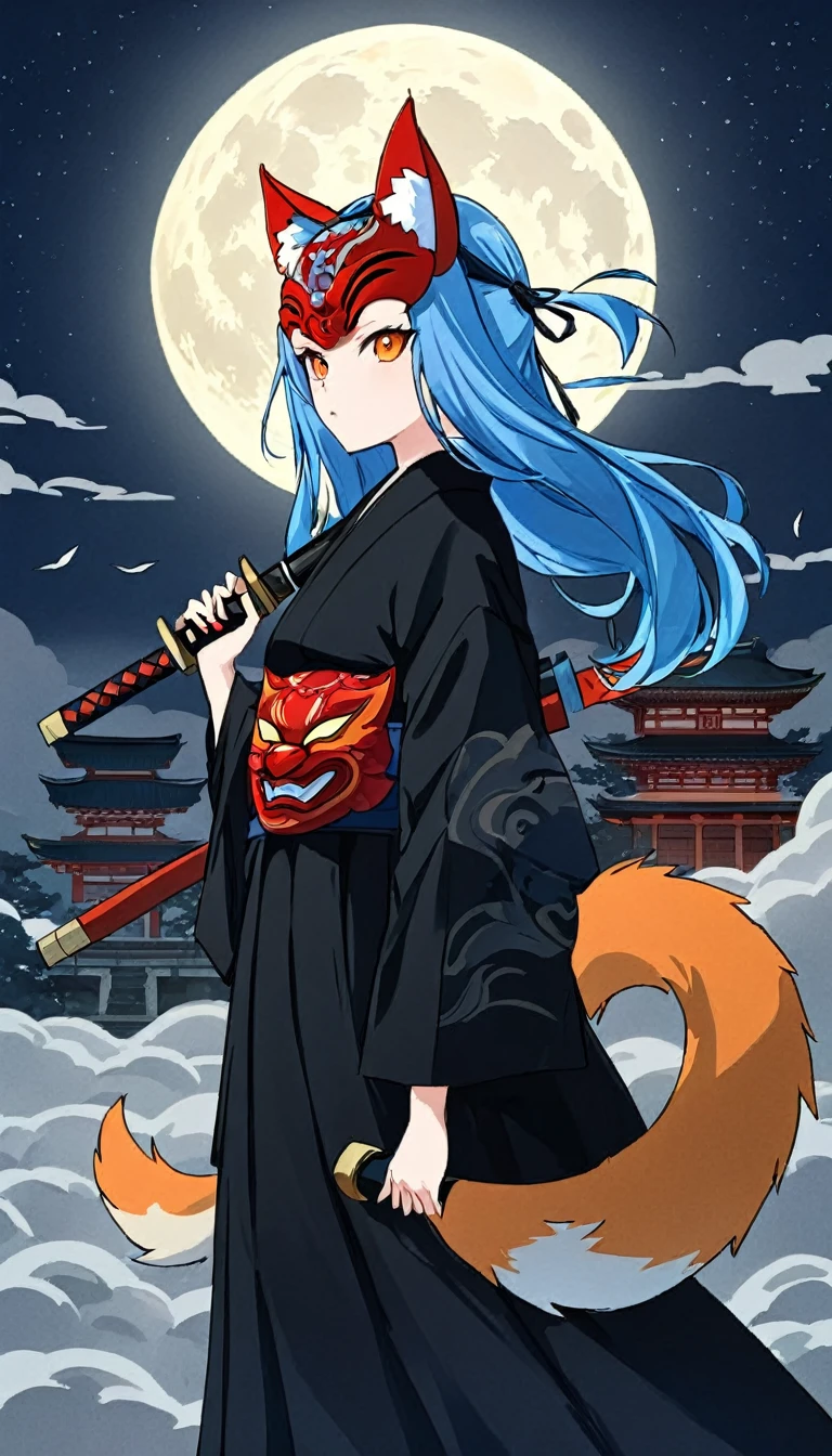 A woman with long blue hair and orange cat eyes is standing against the backdrop of a full moon and a solemn shrine on a dark night, wearing a precision mechanical fox mask with a red pattern on her head, carrying a black Japanese sword that shines dull blue, and wearing a black kimono with silver fluttering fluttering in the wind and a deep blue obi tied around it. The dull colors are reminiscent of Ukiyo-e.