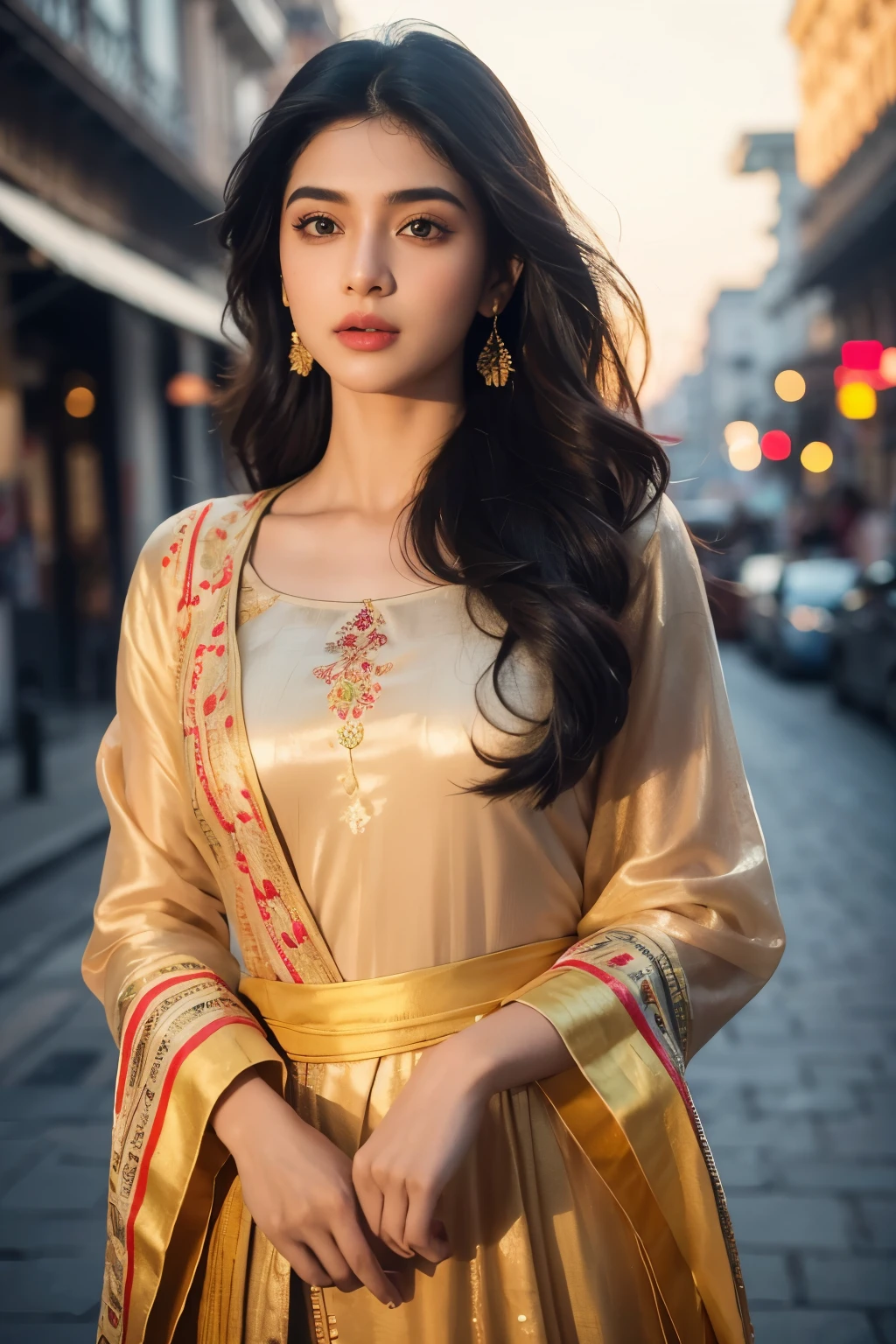 ultra-realistic photographs,Indian Instagram female model,mid 20s,9:16,mid-shot,beautiful detailed eyes,detailed lips,longeyelashes,long black wavy hair, naturally full eyebrows,perfectly formed nose,expressive face,attractive appearance,candid photo,vibrant and colorful frock, heavily
embroidered, golden hour street background, serene atmosphere,stunning architecture, soft and natural lighting,vivid colors,photorealistic,HDR,highres,studio lighting,ultra-detailed,bokeh,fully covered clothes