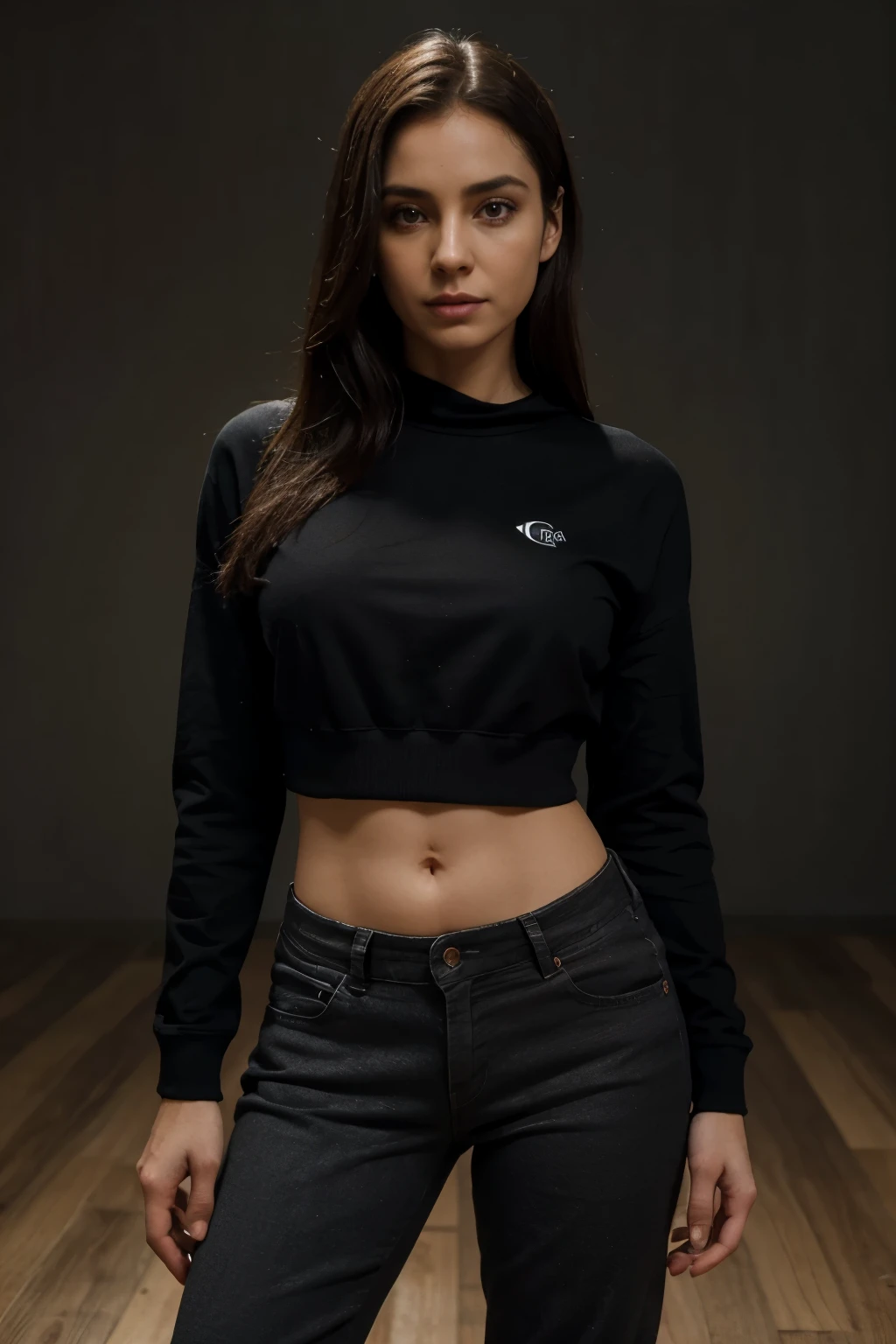A mature woman of 35 years, with long pale skin, pelo negro. ojos grandes , with an intense and enigmatic expression. usando pantalones deportivos y una sudadera con capucha, with a more elegant and sophisticated touch. En general, its appearance would be striking, atraer miradas curiosas e intrigadas. De pecho medio, bonitas nalgas regordetas, cinematic lighting, chromatic aberration, contraluz, obra maestra, detalles altos, average, alta calidad, 4k.
