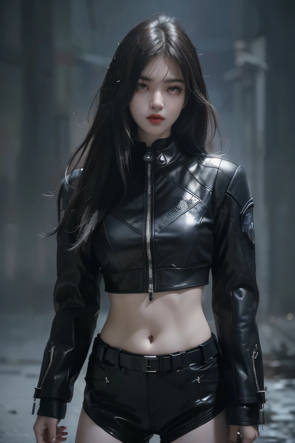 tmasterpiece,Best quality,A high resolution,8K,(Portrait photograph:1.5),(ROriginal photo),real photograph,digital photography,(Combination of cyberpunk and fantasy style),(Female soldier),20 year old girl,random hair style,By bangs,(Red eyeigchest, accessories,Redlip,(He frowned,Sneer),(Cyberpunk combined with fantasy style clothing,Openwork design,joint armor,police uniforms,Racing Girl Coat),exposing your navel,Photo pose,Realisticstyle,Thunder and lightning on rainy day,(Thunder magic),oc render reflection texture