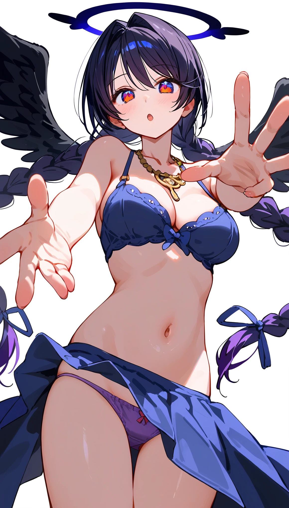 Very detailed eyes and face, Beautiful and delicate eyes, Ridiculous, incredibly ridiculous, File size is huge, Super detailed, high resolution, Very detailed, Dark Fallen Angel Olivia, outstretched hand,(Open your fingers and open your underwear with your fingertips:1.1),(holding up panties around fingers),split ponytail,multiple braids