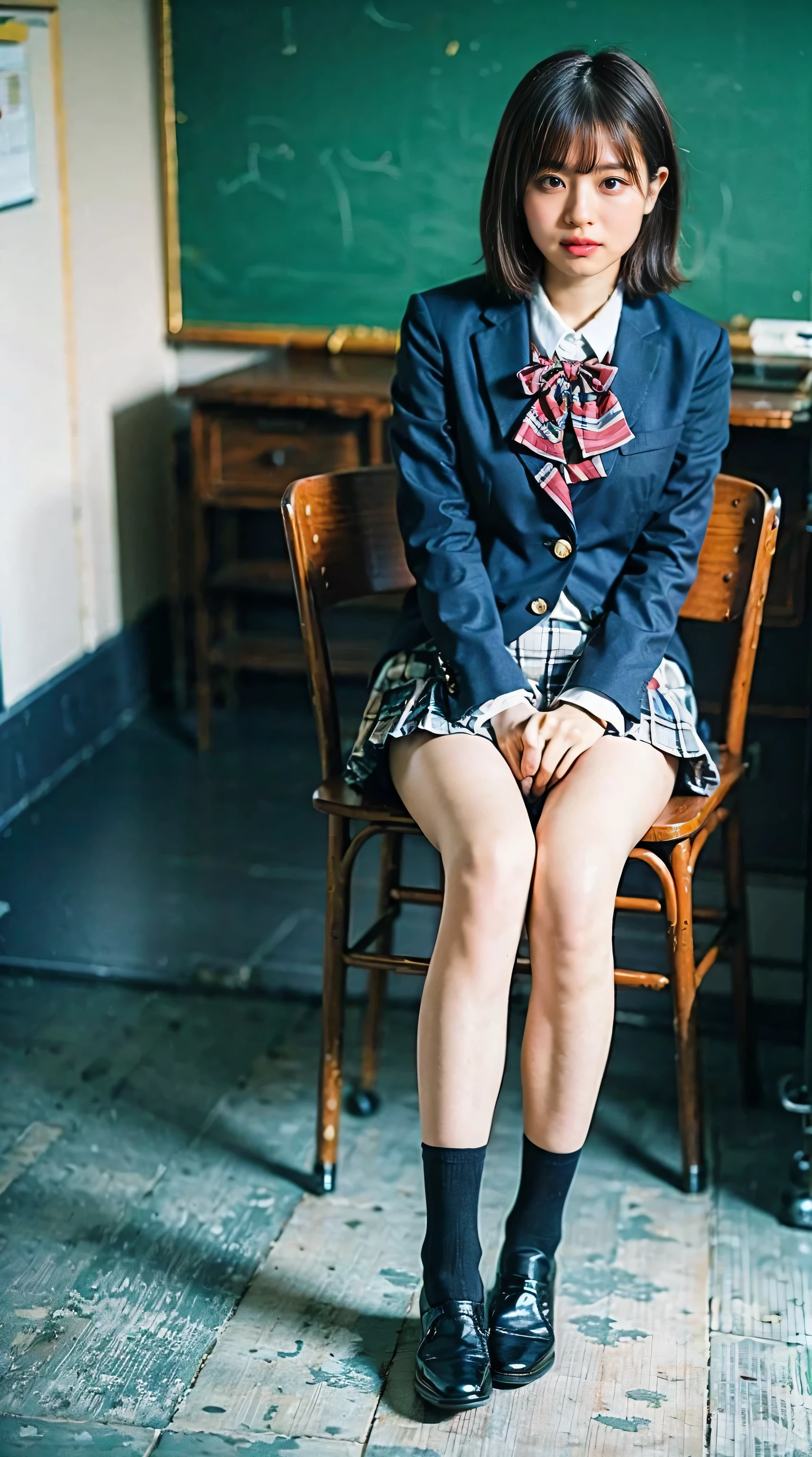 (8K、Raw photo、highest quality、masterpiece:1.2)、(realistic、Photoreal)、1 girl、((checked mini skirt、loafer uniform、dark blue socks、blazer、big breasts、classroom、sat on a chair、Seen from the front、stand with legs apart、))、lots of eyelashes、Glitter on your eyelids、skeletally correct