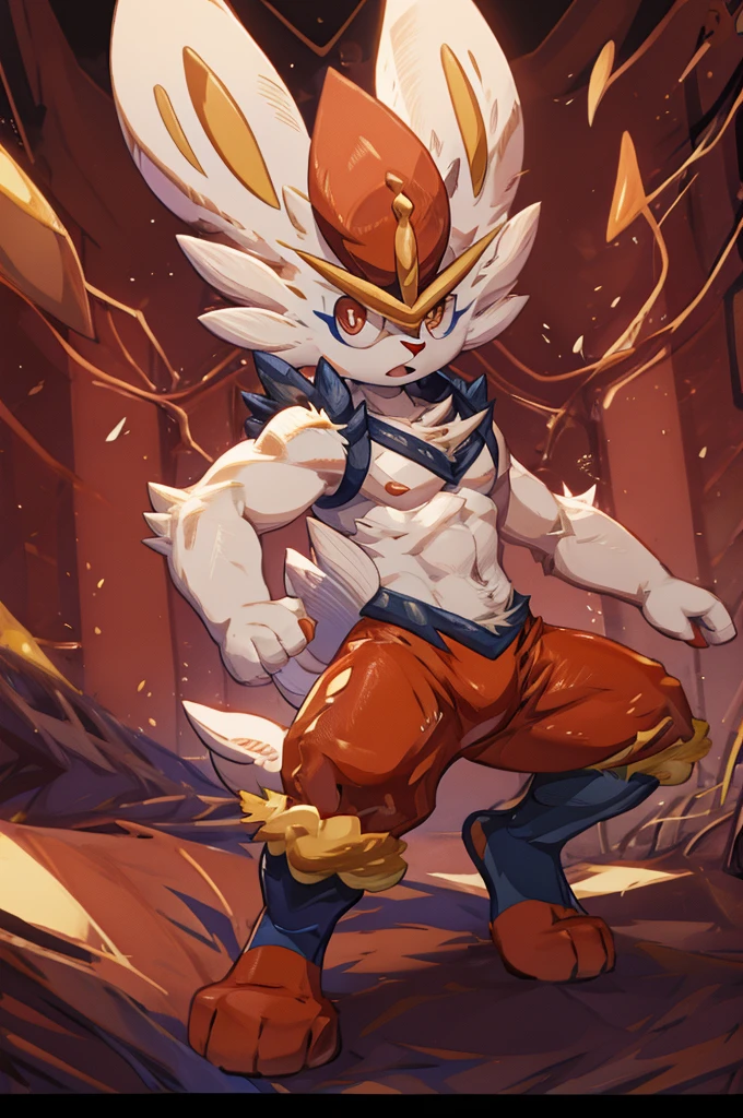 Cinderace,pokemon xd wallpapers by the - art - of - pokemon, an anthro rabbit, sfw version, kemono, official art, most strongest pose, doing a hot majestic pose, anthro art, white rabbit anime, young male anthro, furry anime, furry chest,full body, pokemon 