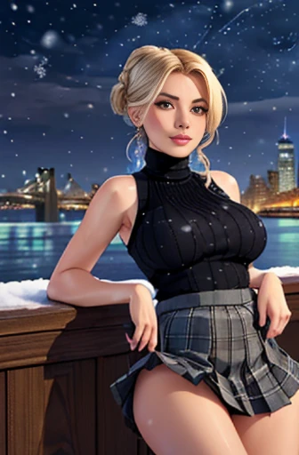 (((masterpiece:1.4, Best Quality:1.4, 8K, ultra high res, Physically Based Rendering))), sharp focus, flat lighting, ultra Beautiful Sexy Woman, very pretty ukrainian woman, perfect body:1.1, 24yo, solo, (Detailed large light brown droopy eyes), detailed thin eyebrows, Highlights in the eyes, (((blonde hair:1.1, low tied half updo:1.2, hair behind ears))), (A strong wind blows her hair:1.4), Highly detailed facial and skin texture, plunp beauty:1.4, ((white fluffy turtleneck knit:1.2, sleeveless:1.4)), ((gigantic breasts:1.6, knit lift:1.2)), (breasts exposed:1.6), large reola, slim abs, narrow waist, (((black plaid pleated miniskirt:1.2))), ((skirt lift:1.6)), ((no panties:1.4)), (detailed beautiful pussy exposed, pubic hair:1.4, cum in pussy:1.5, Cloudy liquid drips from the pussy:1.5),(slim and long beauty legs), (criss cross straps sandals), no makeup, Clear facial features, (smile:1.1, steam on mouth), ((elegant posed)), (from below:1.3), (on the brooklyn bridge at night:1.4, Night view of New York skyscrapers in the background), (spectacular starry night:1.3), ((It's snowing:1.4)), (incredible sky:1.2), nsfw, pubic hair, wide excited eyes, lewd