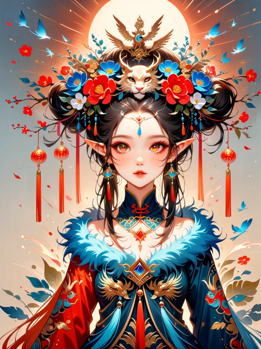 Works of Chinese style masters，(best quality, 4K, high resolution, masterpiece:1.2)，Super detailed，lifelike，shining，dream色彩，art，Ethereal，dream，whimsical creatures，detailed facial features，glowing eyes，Elf Beauty，Ethereal光辉，mythical creatures，composition，Dazzling colors，Stunning visual effects，otherworldly appearance，Fascinating artistry