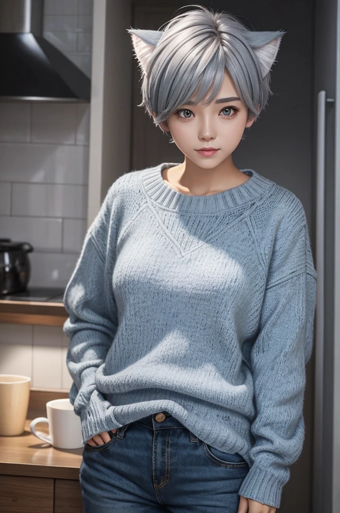 gray hair short hair beautiful girl Cat ear light blue knit clothes live-action