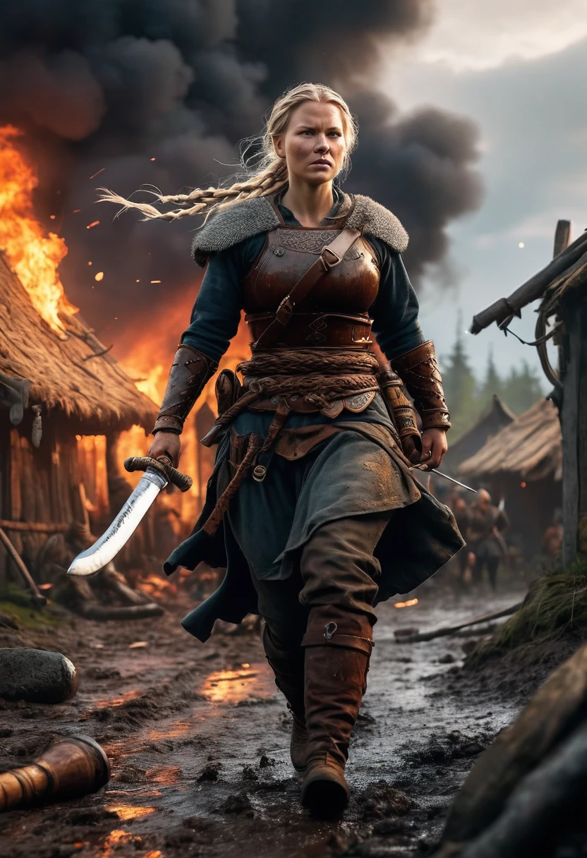"(best quality, masterpiece:1.2), ultra-detailed, realistic:1.37, Orca assault, scandinavian, viking woman:1.1, Ingrid Mueller, 35 years old, chubby, natural body, light blonde hair braids, medieval viking clothing, raiding village, brutal battle, burning houses, smoke-filled sky, ferocious expressions, shield and sword, grim determination, muddy battlefield, splattering blood, distressed villagers, chaos and panic, scattered belongings, vivid colors, dark and moody lighting", illustration, 4k, highres