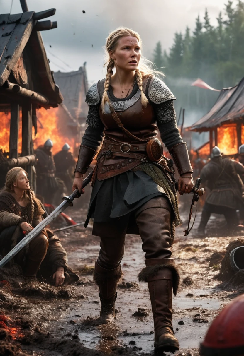 "(best quality, masterpiece:1.2), ultra-detailed, realistic:1.37, Orca assault, scandinavian, viking woman:1.1, Ingrid Mueller, 35 years old, chubby, natural body, light blonde hair braids, medieval viking clothing, raiding village, brutal battle, burning houses, smoke-filled sky, ferocious expressions, shield and sword, grim determination, muddy battlefield, splattering blood, distressed villagers, chaos and panic, scattered belongings, vivid colors, dark and moody lighting", illustration, 4k, highres