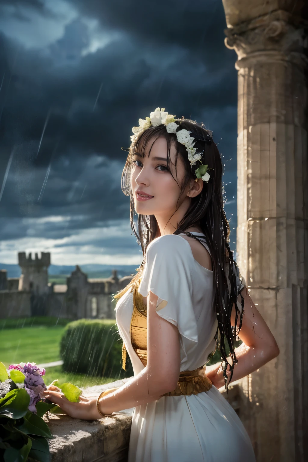 ((table top:1.4, highest quality)), (realistic pictures:1.4),
((1 girl)), (An unearthly beauty), (dream-like),
(超High resolution:1.2), very delicate and beautiful, wonderful, Highly detailed CG Unity 8K wallpaper, Super detailed, High resolution,
soft light, beautiful detailed girl, highly detailed eyes and face, beautifully detailed nose, beautiful and detailed eyes,
(Dressed in ancient Greek maiden costume:1.3), (wet),
cinematic lighting, perfect anatomy, slender body, (parted bangs),
(In the gardens of a Scottish castle:1.3), (low hanging dark clouds, Heavy rain pounding, dark background:1.3), (lightning, flash:1.3), (outdoor),
cowboy shot, looking at the viewer, archaic smile