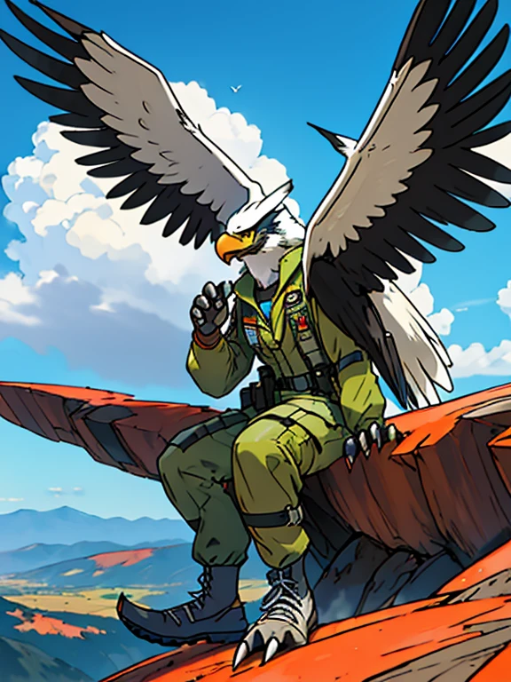 prospect(Anthropomorphic eagle，Modern adventurer and adventurer dressed in Australian military gear，Hands are wings，Feet are claws)，With background（Modern fantasy town）