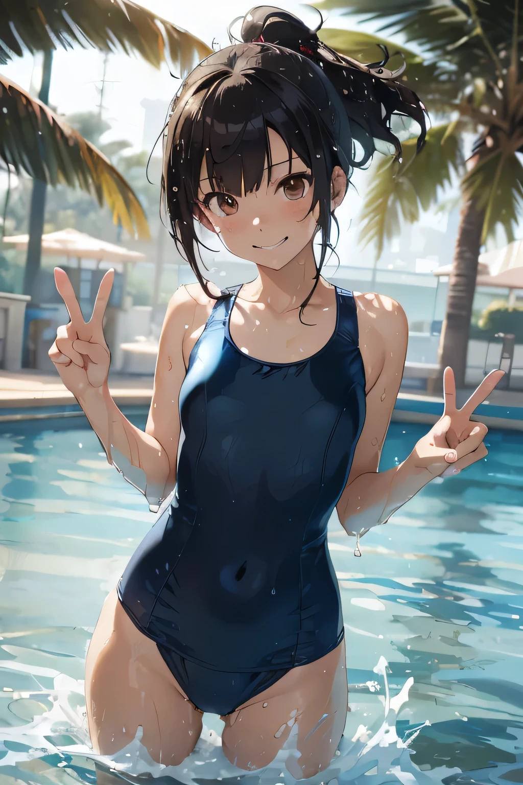 (masutepiece:1.2), (Best Quality:1.1), (hyper detailed illustration),(beautiful artwork), Teenager girl, 1girl, (School Swimsuit:1.3), onepiece swimsuit, Outdoors, Long hair, Wet, Covered navel, Water, Black hair, (Big smile), Brown eyes, day, Small bust, Bangs, (Wet:1.1),(Water splash:1.1),Facing,(straggling hair),Ponytail,The swimsuit is wet,(Lens Flare),(Tsurime),(Sweat),(Bokeh:1.2),(brown eyes),cowboy shot,(evil smile),(NAVY BLUE school-swimsuit:1.3),sandy beach,contrapposto,twist waist,, navy-blue school-swimwear,brown eyes,black hair,dynamic pose,peace Sign,(big smile),