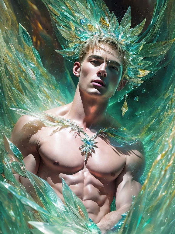 (realistic, Masterpiece, best quality, height, Highly detailed), Handsome young man poses nude surrounded by crystal, The identity of the crystal as a human, 18 year old male, bright colors, realistic light, SPARKLING REFLECTION, Bright and radiant skin, Chisel body, intense stare, striking features, Well-defined jaws, messy hair, Confident and relaxed posture, artistic elements, Elegant and elegant gestures, Fascinating and mesmerizing expression, The man's body is covered with delicate and complex crystals., Create a mesmerizing and ethereal effect., Impeccable attention to detail, Flawless surface rendering, The perfect combination of realism and fantasy, Incredible depth and dimensions, The difference that attracts attention between the smoothness of men's skin and the texture of the crystals, The combination of the human shape with the crystal that surrounds it seamlessly, Causes a sense of elegance, beauty, and mystery, A powerful symbol of purity and strength, embodied by the elements of the crystal., Expertly applied shadows and highlights to enhance the three-dimensional quality of the image., Expertly using colors to create a dream-like atmosphere, Delicate and delicate light and shadow, Create beautiful, spectacular and emotional scenes, Exquisite workmanship and skillful execution, capturing the essence of both the human form and the ethereal beauty of crystals, Create an impressive and memorable viewing experience.front view,full body image,((((Convex crotch))))