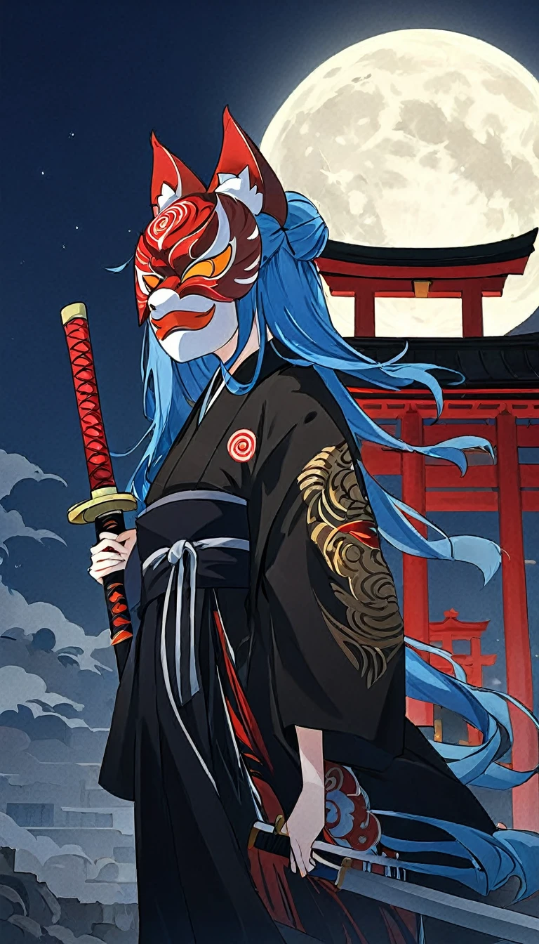 A woman with long blue hair and orange cat eyes is standing against the backdrop of a full moon and a solemn shrine on a dark night, wearing a precision mechanical fox mask with a red pattern on her head, carrying a black Japanese sword that shines dull blue, and wearing a black kimono with silver fluttering fluttering in the wind and a deep blue obi tied around it. The dull colors are reminiscent of Ukiyo-e.