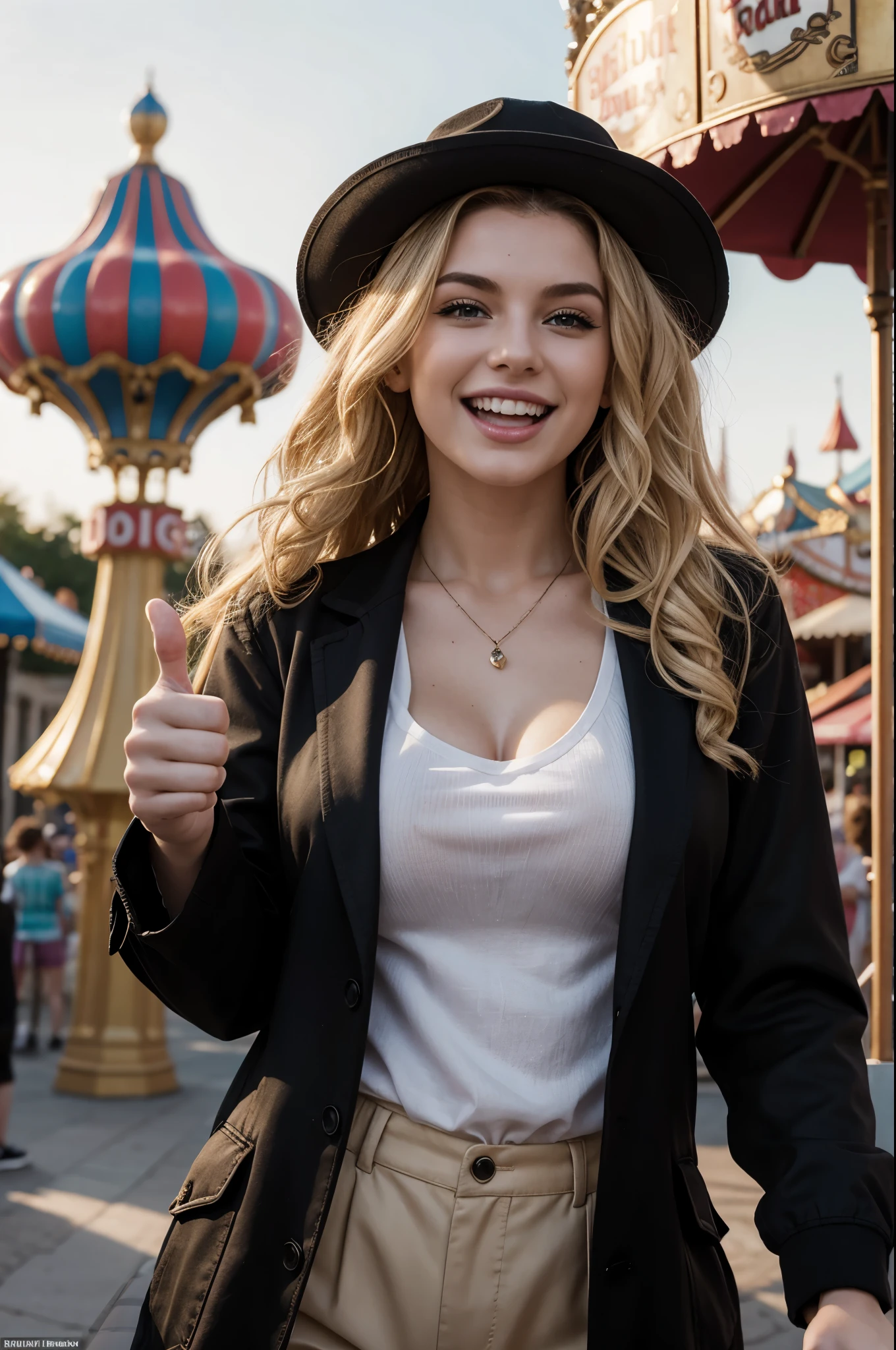 masterpiece, best quality, extremely detailed, hyperrealistic, photorealistic, a beautiful 20s french model, amusement park, in the sunset, thumbs up:1.3, ultra detailed face, blonde hair, colorful amusement park, happiness, parade, rollercoaster, detailed background, a lot of balloon, black jacket:1.2, t-shirt:1.2, curly hair, pale skin, busty breasts, laughing