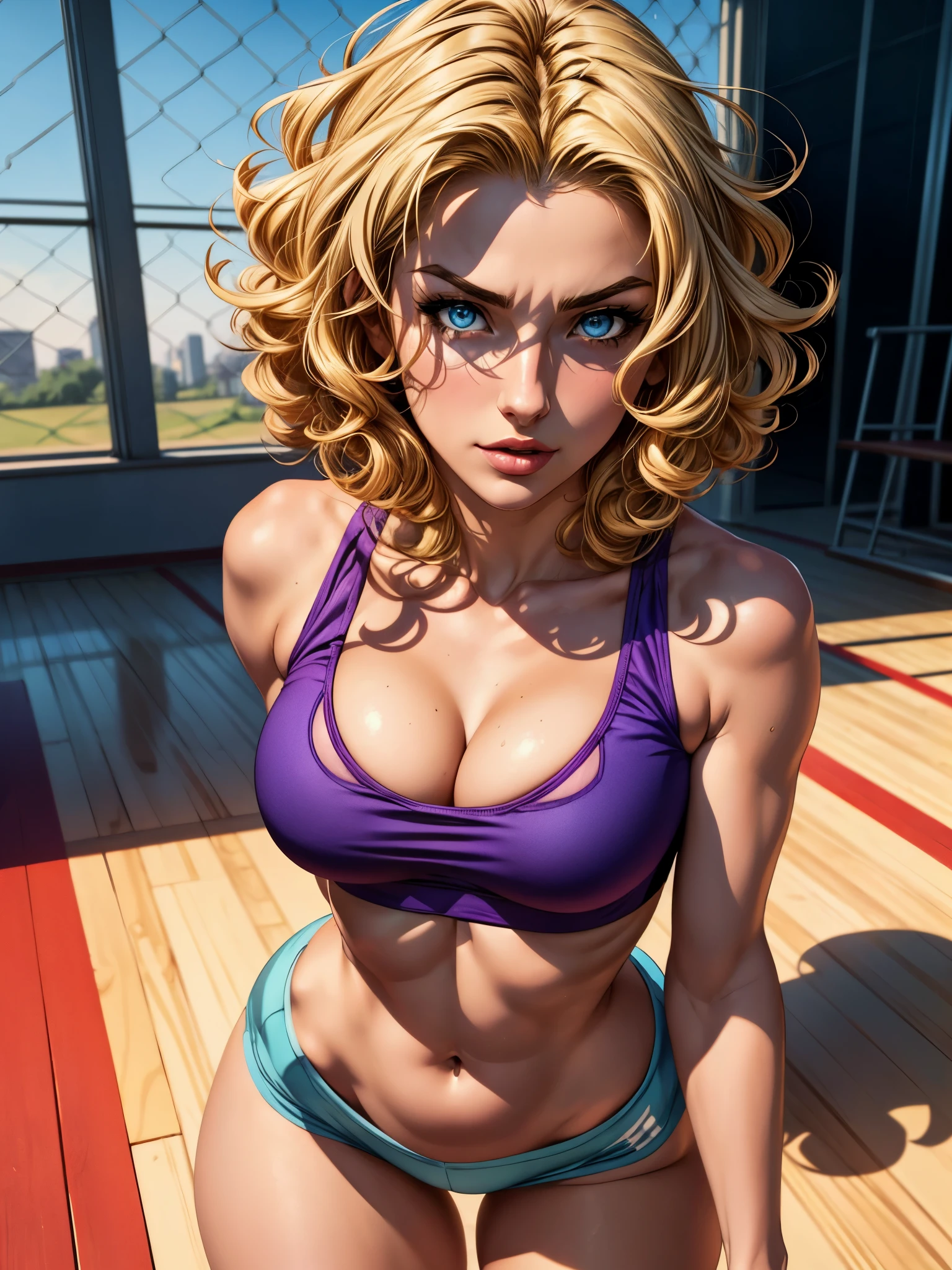 1 anime girl, solo, anatomically correct, supermodel, beautiful girl, blonde hair, short hair, curly hair, intense curls, very short hair, beautiful blue eyes, highly detailed face illustration, medium sized breasts, hourglass figure, juicy thighs, wearing sports bra, cleavage, sexy sport shorts, very short shorts, sexy pose, 8k, best quality