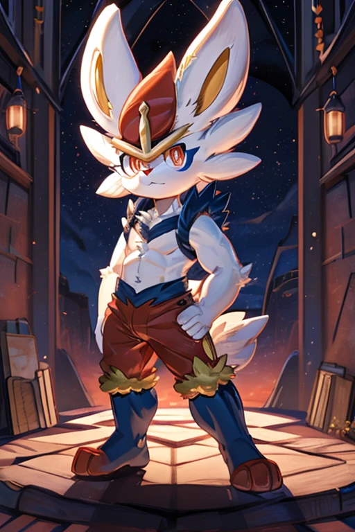 Cinderace,pokemon xd wallpapers by the - art - of - pokemon, an anthro rabbit, sfw version, kemono, official art, most strongest pose, doing a hot majestic pose, anthro art, white rabbit anime, young male anthro, furry anime, furry chest,full body, pokemon,focus eyes,brown eyes