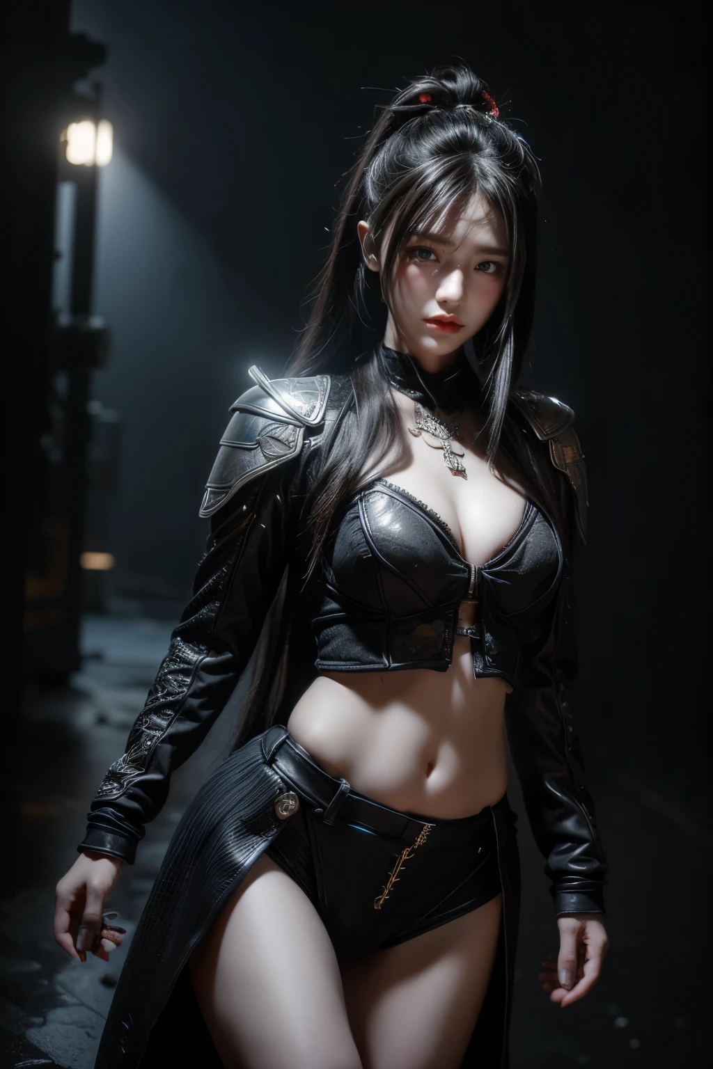 tmasterpiece,Best quality,A high resolution,8K,(Portrait photograph:1.5),(ROriginal photo),real photograph,digital photography,(Combination of cyberpunk and fantasy style),(Female soldier),20 year old girl,random hair style,By bangs,(Red eyeigchest, accessories,Redlip,(He frowned,Sneer),(Cyberpunk combined with fantasy style clothing,Openwork design,joint armor,police uniforms,Racing Girl Coat),exposing your navel,Photo pose,Realisticstyle,Thunder and lightning on rainy day,(Thunder magic),oc render reflection texture